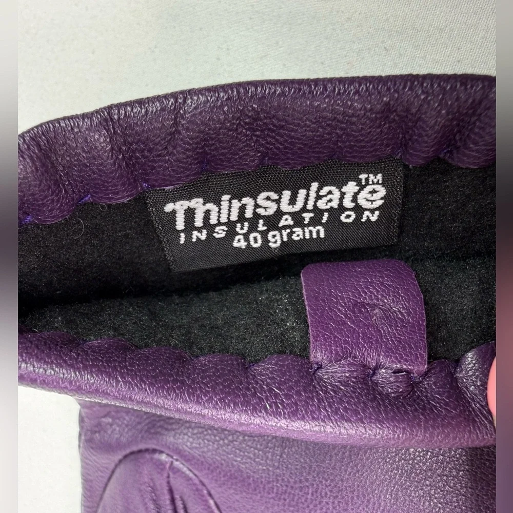 Leather Winter Thinsulate Lined Purple Gloves Ruched Back Size Medium